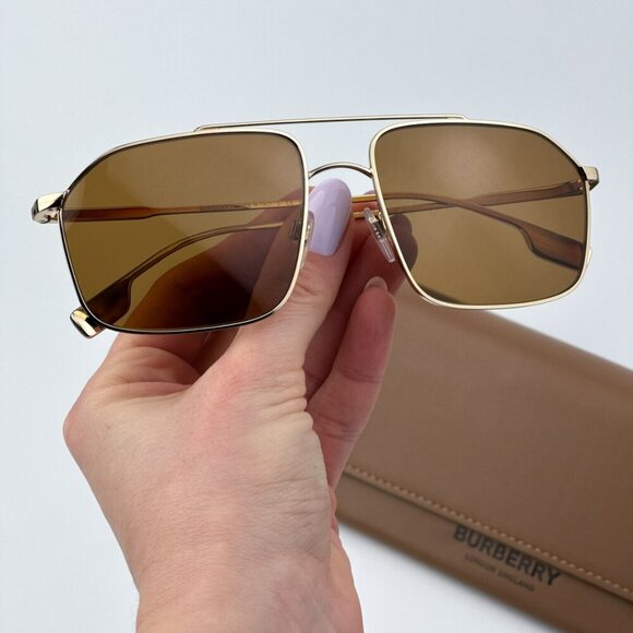Burberry Men BRAND NEW Sunglasses Gold Brown Polarized Rectangular BE3130 110983 - Picture 1 of 9